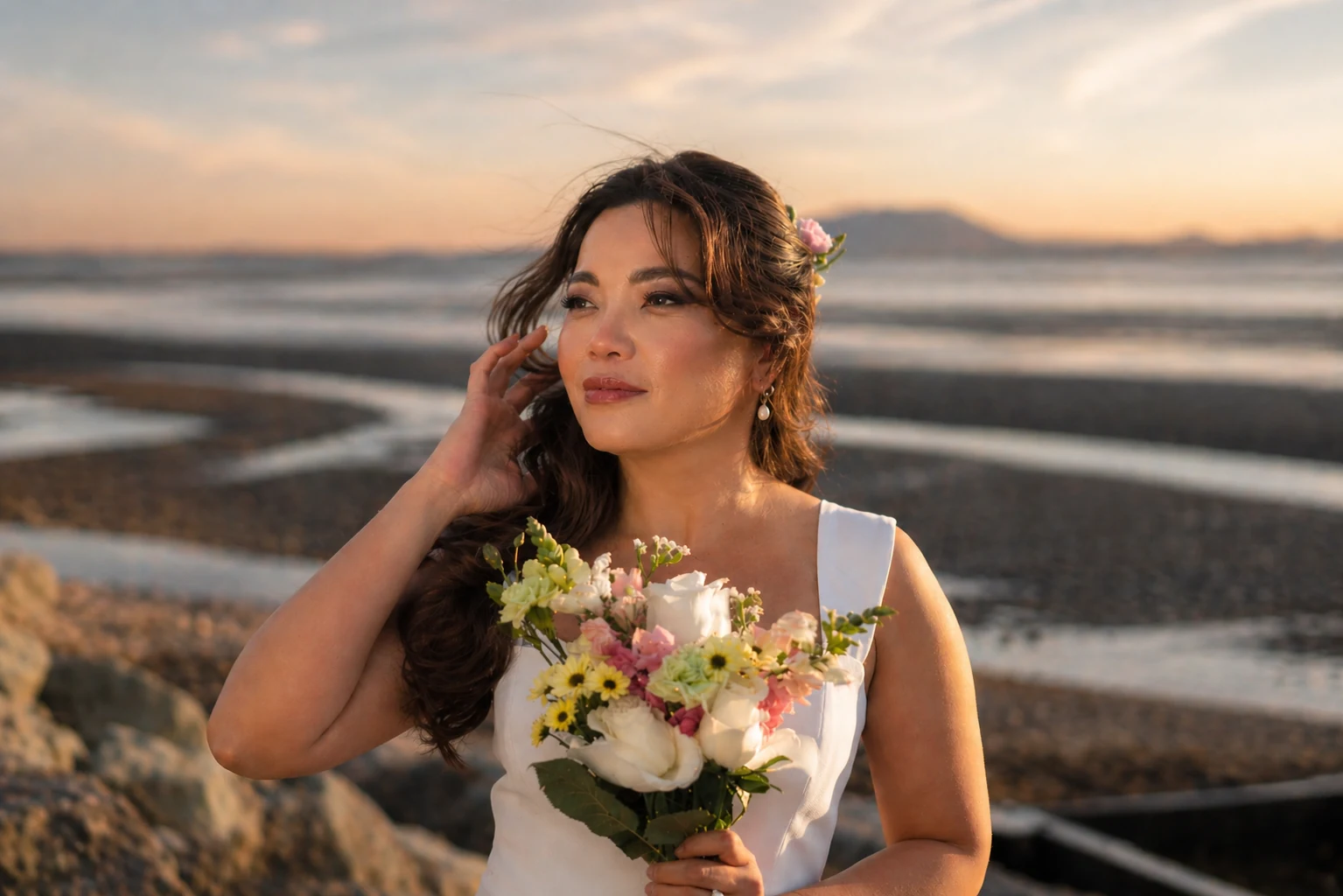 Romantic real bridal portrait at sunset