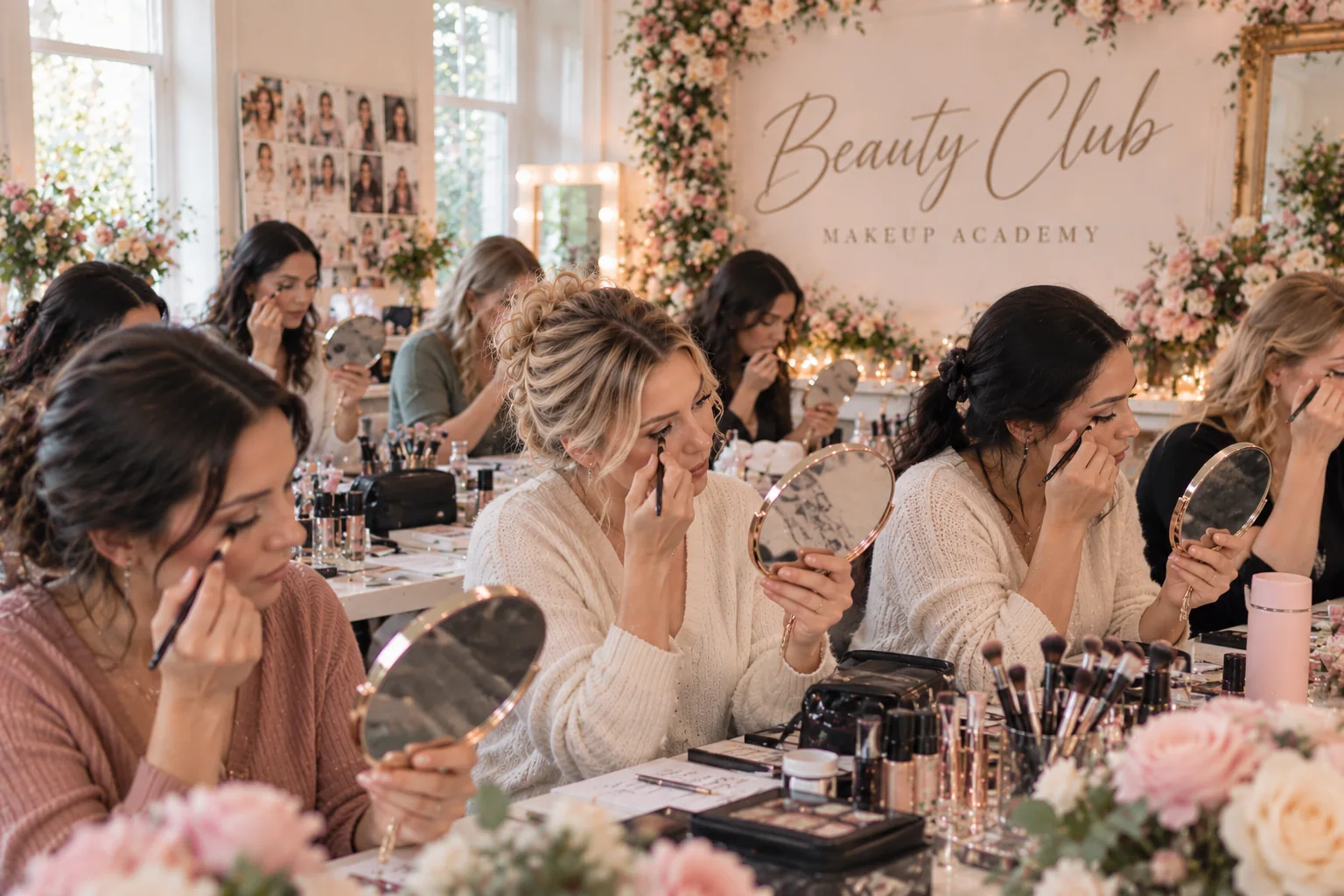 Illustrative depiction of a Beauty Club class with students applying their own makeup